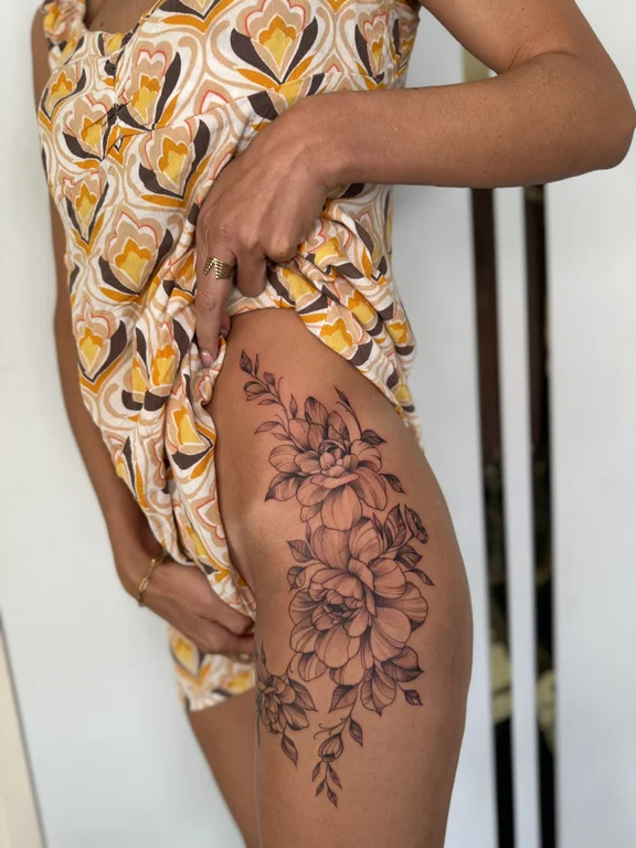 peony balinese pattern elegant woman linework soft shading flower tattoo canggu bali