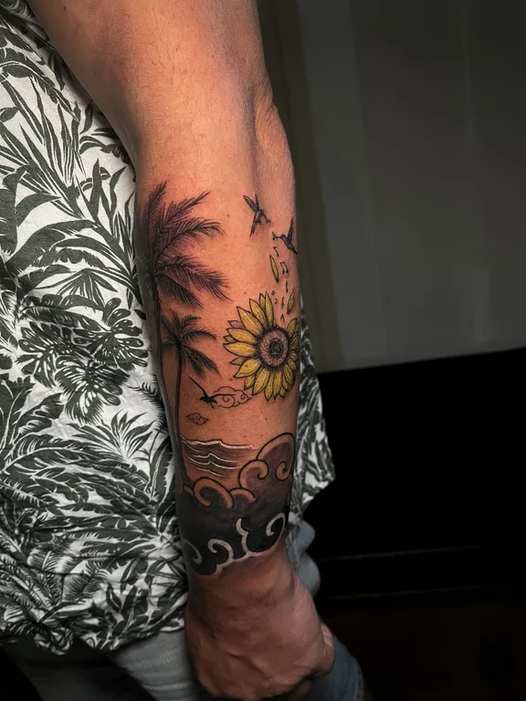 nature balinese lotus soft shading sun black grey linework balinese pattern tattoo Canggu Bali