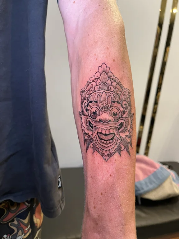 animal balinese deity balinese pattern cloud linework mask demon tattoo Canggu Bali