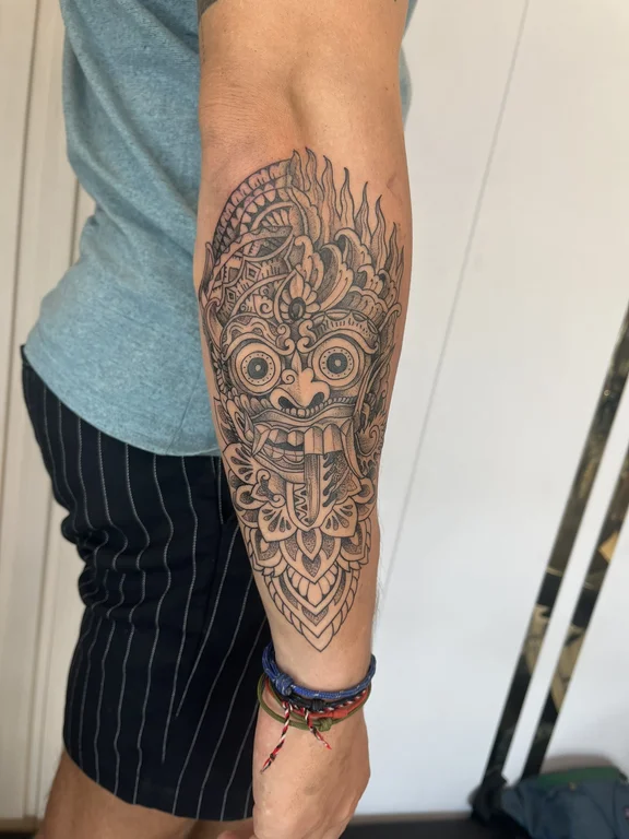 mythology balinese deity balinese pattern spiritual mask linework dotwork tattoo Canggu Bali