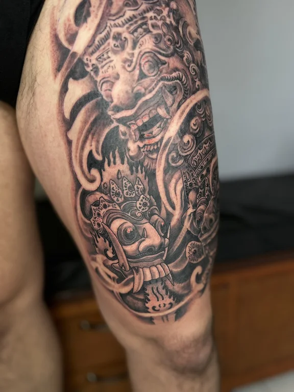 mythology balinese deity heavy shading fire balinese pattern demon linework tattoo Canggu Bali