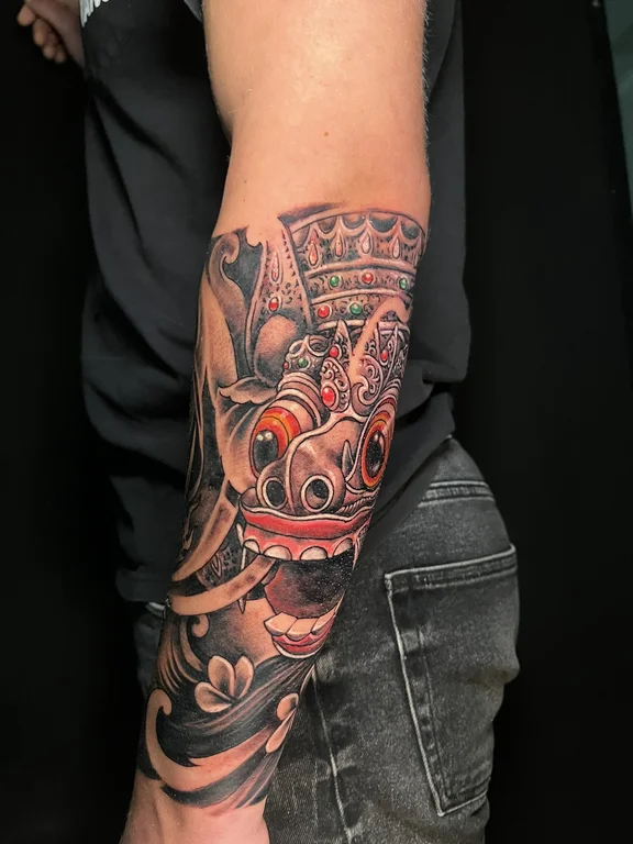 abstract traditional deity heavy shading fire balinese pattern smoke black grey tattoo Canggu Bali