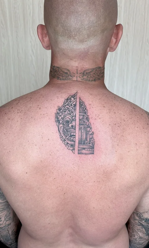 man back balinese ornamental temple blackwork shading fineline fine line line tattoo canggu bali