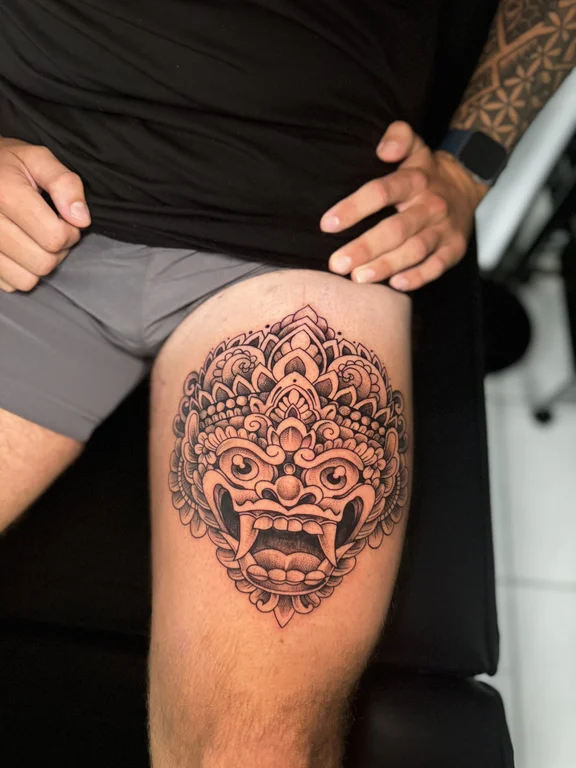 mandala balinese mask balinese pattern cloud deity maori heavy shading tattoo Canggu Bali