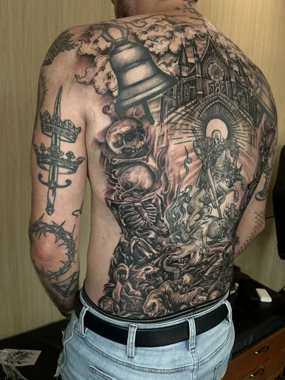 deity heavy shading gothic black grey cloud linework full fullback full back tattoo canggu bali