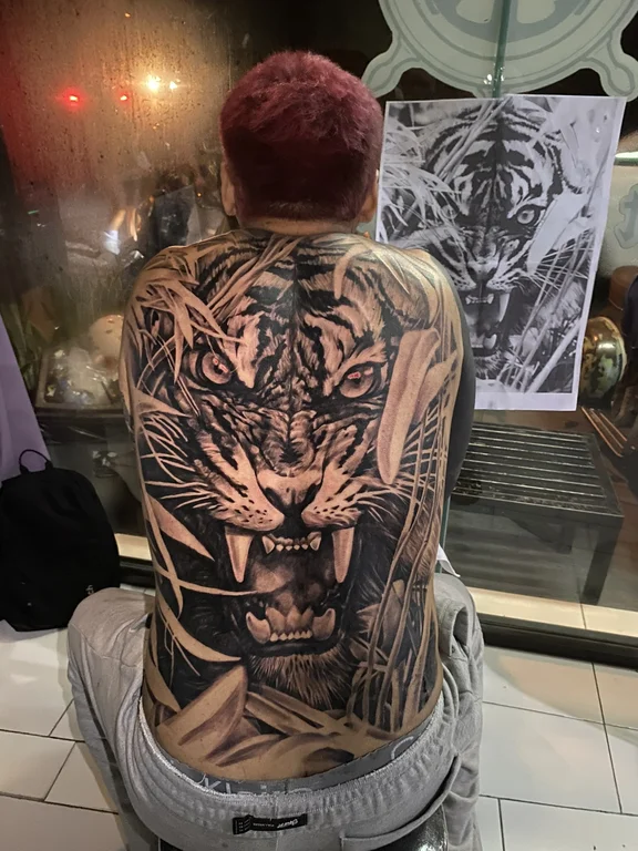 demon heavy shading cloud tiger black grey lion full fullback full back tattoo canggu bali