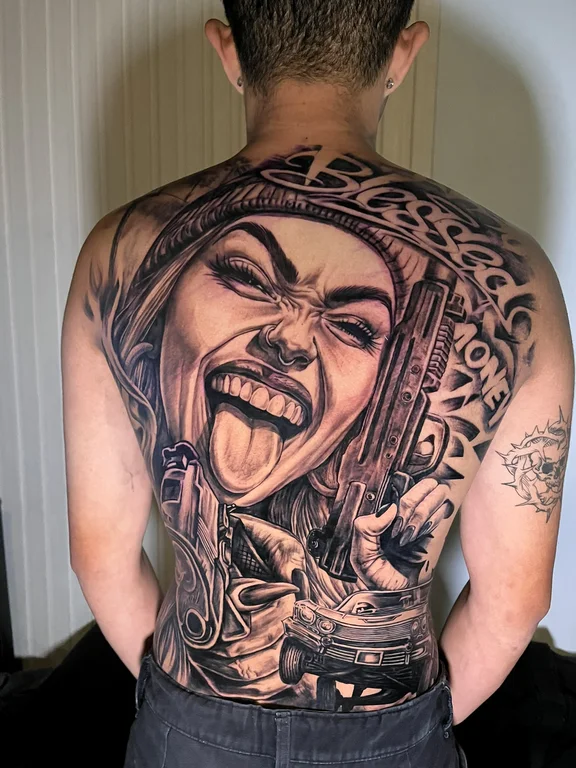 demon heavy shading horror face deity black grey full fullback full back tattoo canggu bali