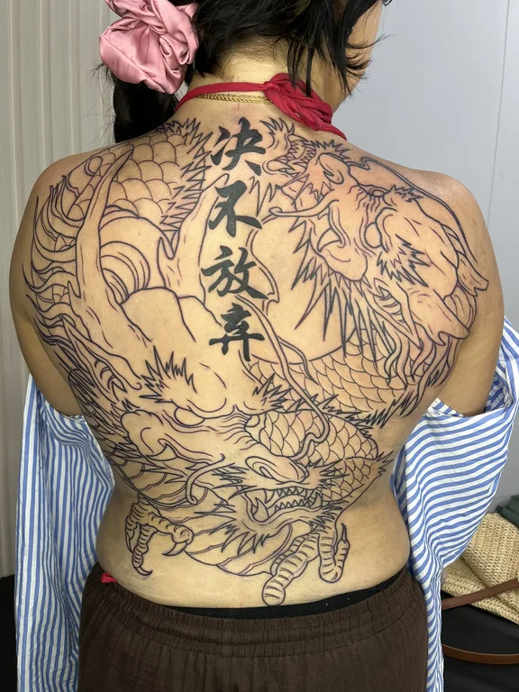 dragon linework elegant koi phoenix deity fullback full full back tattoo canggu bali