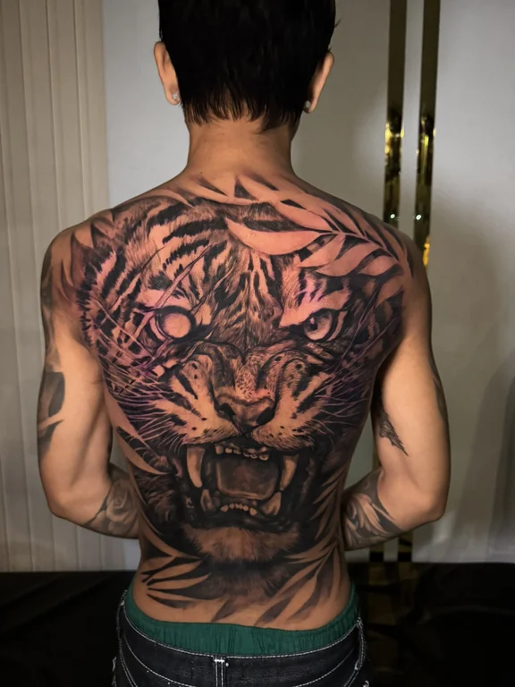 tiger heavy shading elegant lion black grey soft shading full fullback full back tattoo canggu bali
