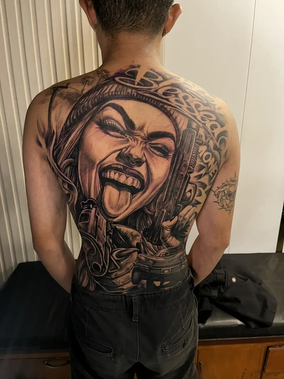 woman heavy shading horror demon deity black grey full fullback full back tattoo canggu bali