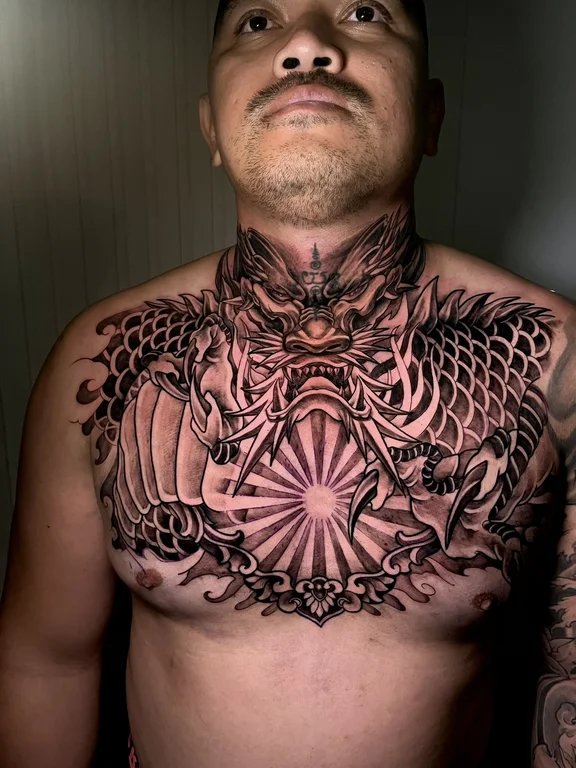 deity balinese pattern spiritual heavy shading dragon linework full fullchest full chest tattoo canggu bali