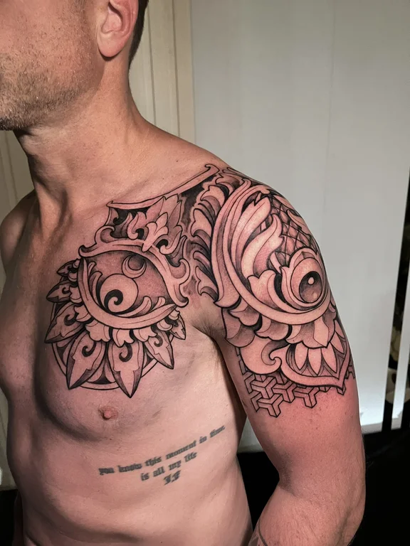 deity linework elegant balinese pattern heavy shading polynesian full fullchest full chest tattoo canggu bali
