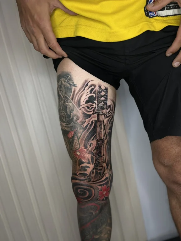 deity heavy shading spiritual demon black grey linework full fullleg full leg tattoo canggu bali
