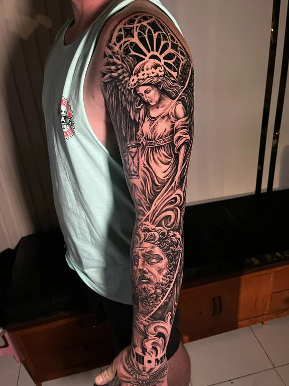 angel linework spiritual deity heavy shading full fullsleeve full sleeve tattoo canggu bali
