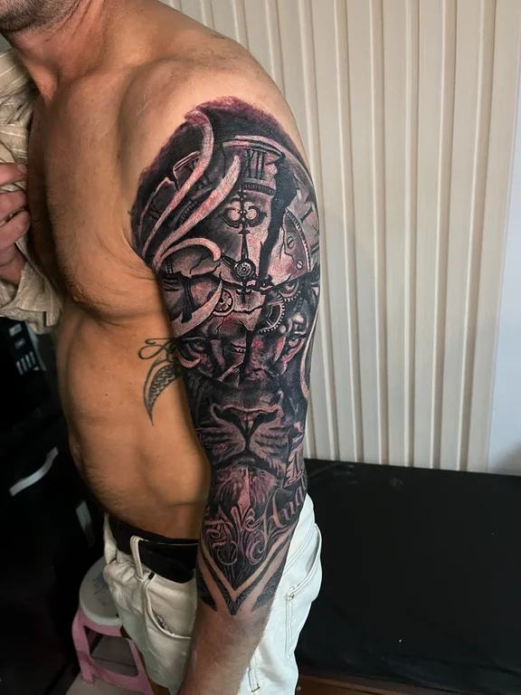 deity black grey spiritual heavy shading man linework full fullsleeve full sleeve tattoo canggu bali