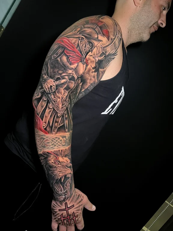 deity heavy shading fire man linework demon full fullsleeve full sleeve tattoo canggu bali