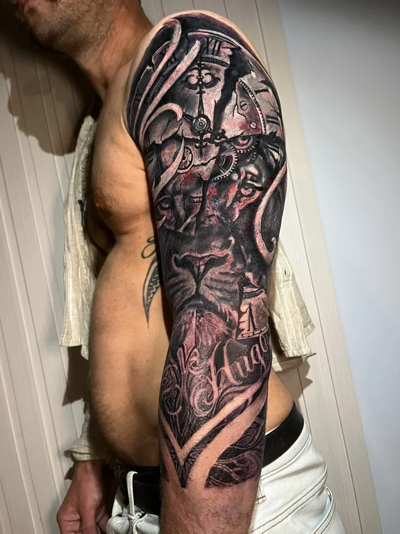 demon black grey gothic heavy shading man linework full full sleeve fullsleeve tattoo canggu bali