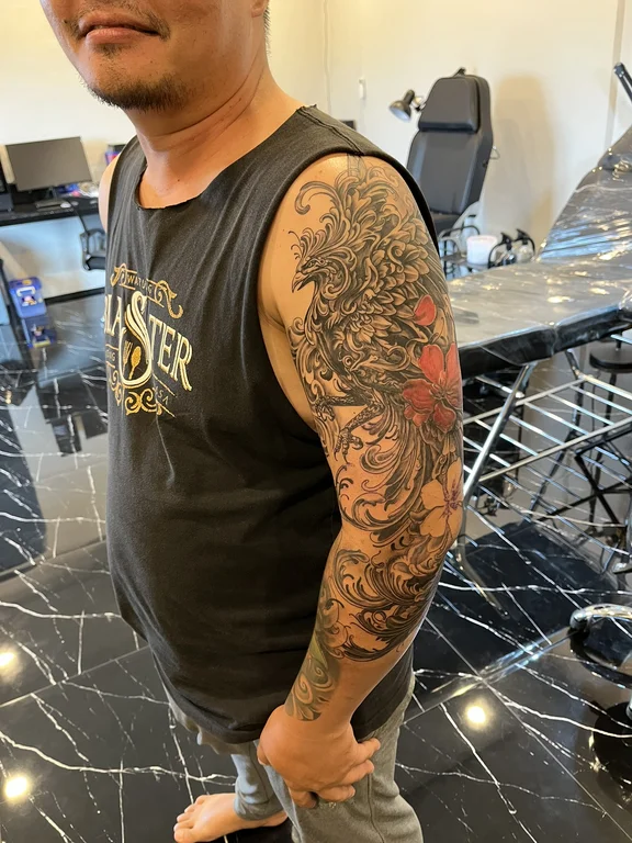 dragon linework cloud black grey koi heavy shading full fullsleeve full sleeve tattoo canggu bali