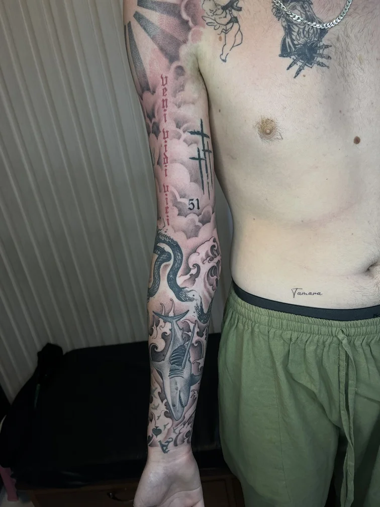 japanese man hand full sleeve shark snake fullsleeve tattoo canggu bali