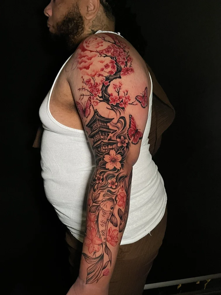 japanese man hand tattoo black red mythology flower house full fullsleeve full sleeve tattoo canggu bali