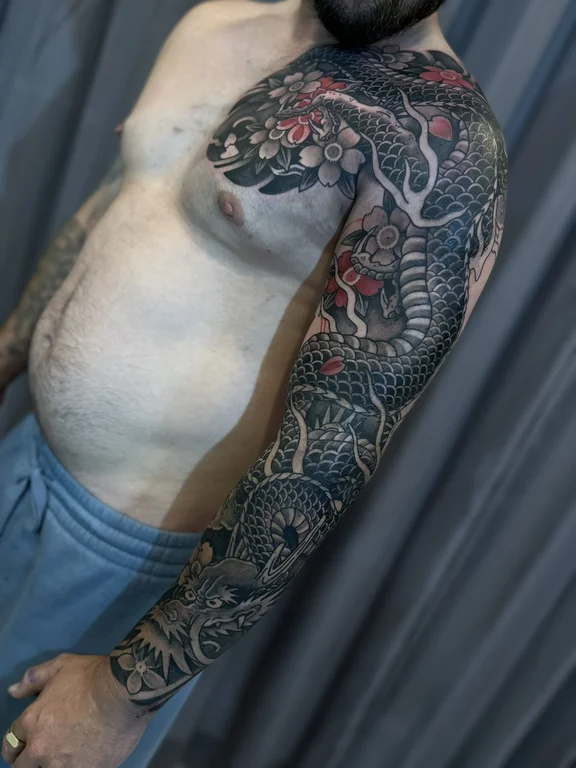 koi heavy shading elegant snake dragon black grey full fullsleeve full sleeve tattoo canggu bali