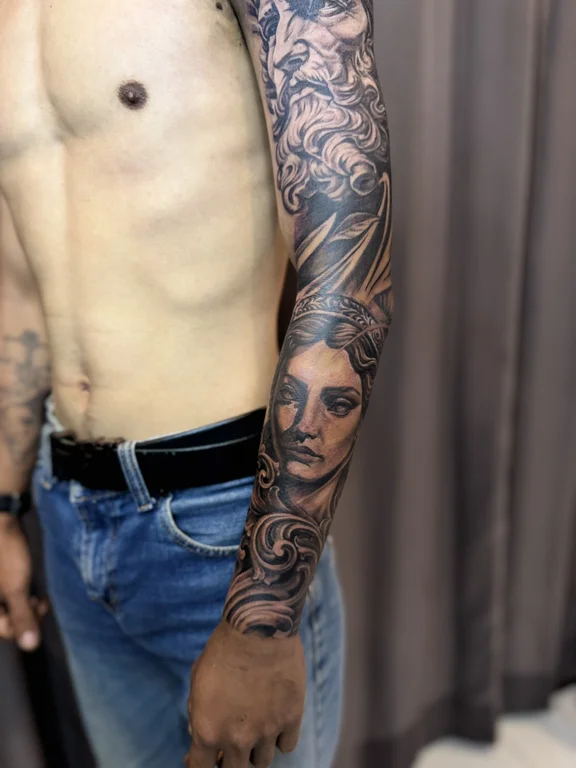 man black grey dark woman heavy shading deity full fullsleeve full sleeve tattoo canggu bali