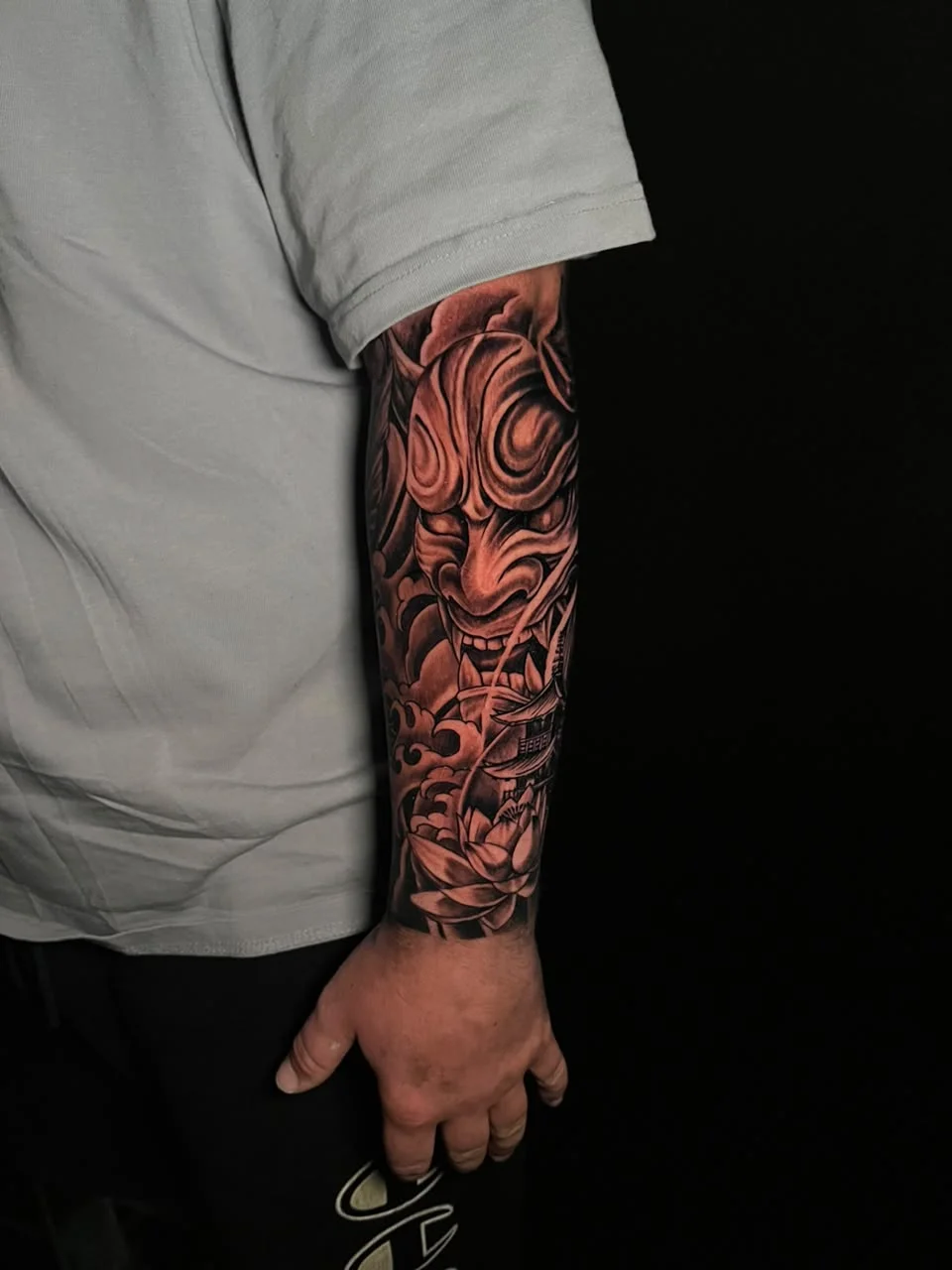 man hand mask hannya full full sleeve black japanese big tattoo canggu bali