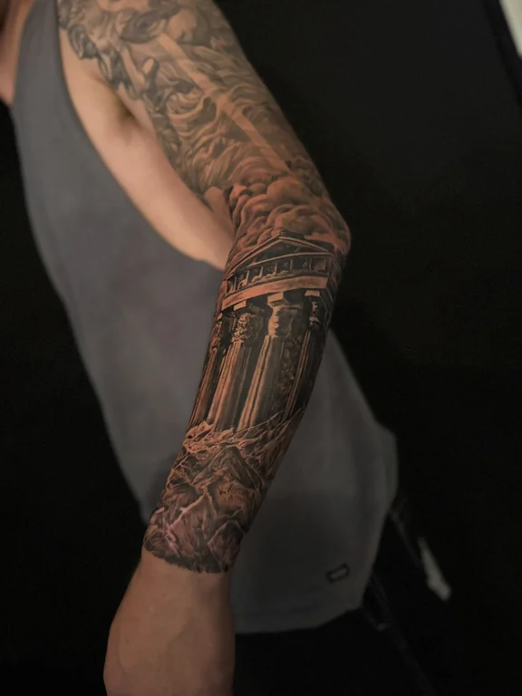 man linework elegant heavy shading black grey gothic full fullsleeve full sleeve tattoo canggu bali