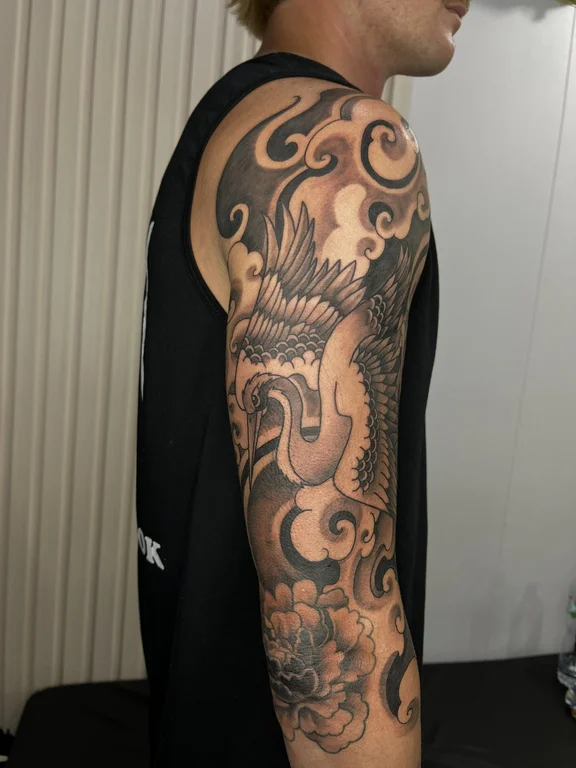 phoenix heavy shading cloud wave dragon black grey full full sleeve fullsleeve tattoo canggu bali