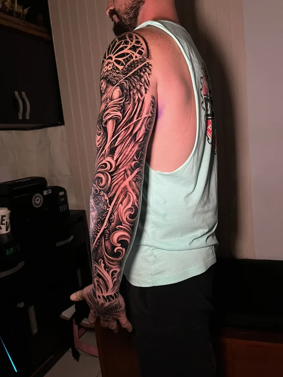 phoenix polynesian fire balinese pattern tribal pattern linework full fullsleeve full sleeve tattoo canggu bali