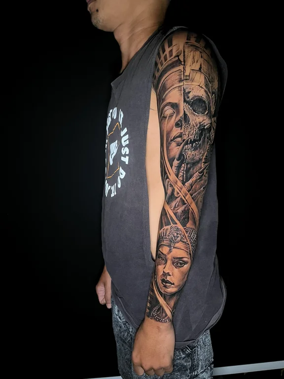 skull black grey dark man woman heavy shading full fullsleeve full sleeve tattoo canggu bali