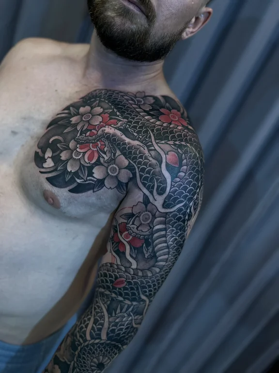 snake heavy shading elegant black grey koi dragon full sleeve full fullsleeve tattoo canggu bali