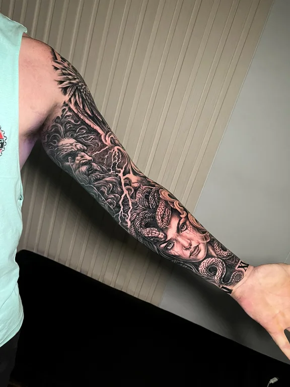 snake linework elegant black grey dragon heavy shading full fullsleeve full sleeve tattoo canggu bali