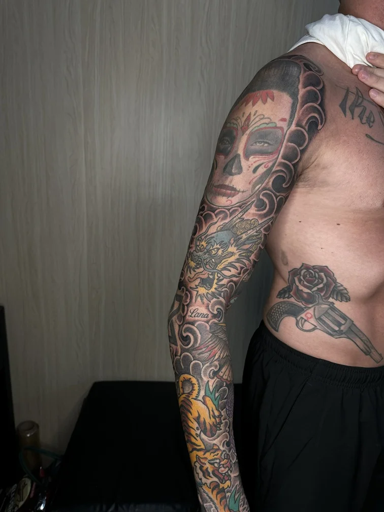 traditional mythology dragon colorfull man hand sleeve tattoo full fullsleeve full sleeve tattoo canggu bali