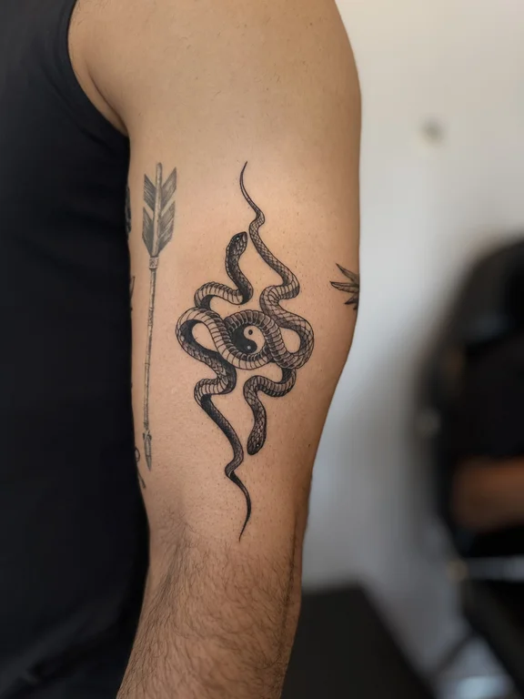 abstract blackwork snake black grey smoke dotwork linework fine line tattoo Canggu Bali