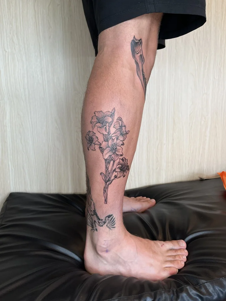 black tattoo flower foot man line tattoo canggu bali