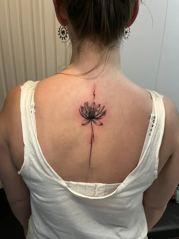 nature watercolor lotus fine line elegant soft shading dotwork black grey tattoo Canggu Bali