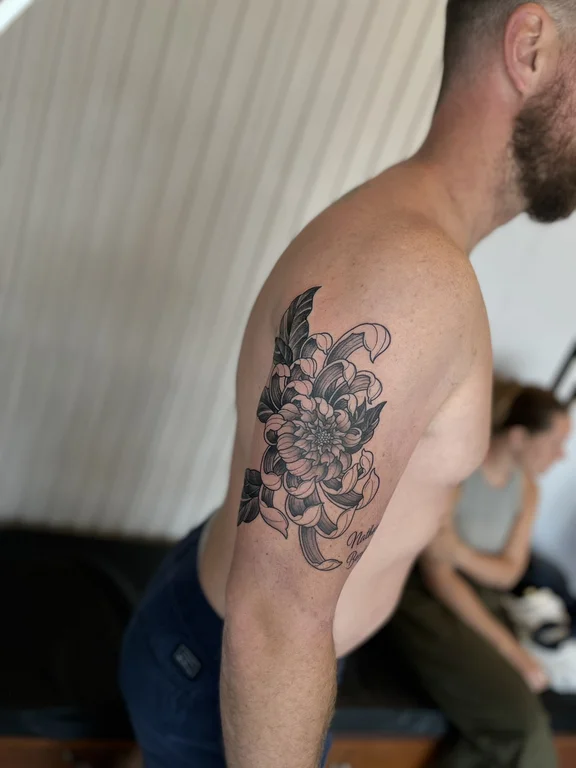 floral blackwork peony dotwork cloud linework black grey heavy shading tattoo Canggu Bali
