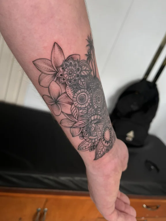 floral blackwork peony dotwork elegant linework black grey soft shading tattoo Canggu Bali