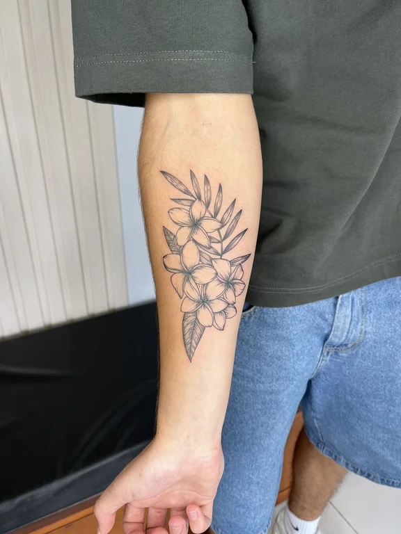 floral blackwork peony linework elegant dotwork soft shading black grey tattoo Canggu Bali