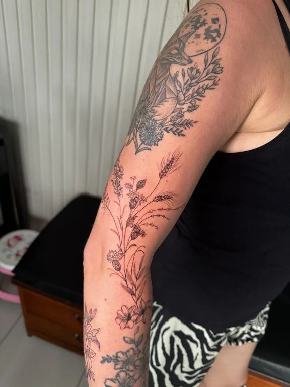 floral blackwork peony linework elegant dotwork soft shading black grey 1 tattoo Canggu Bali