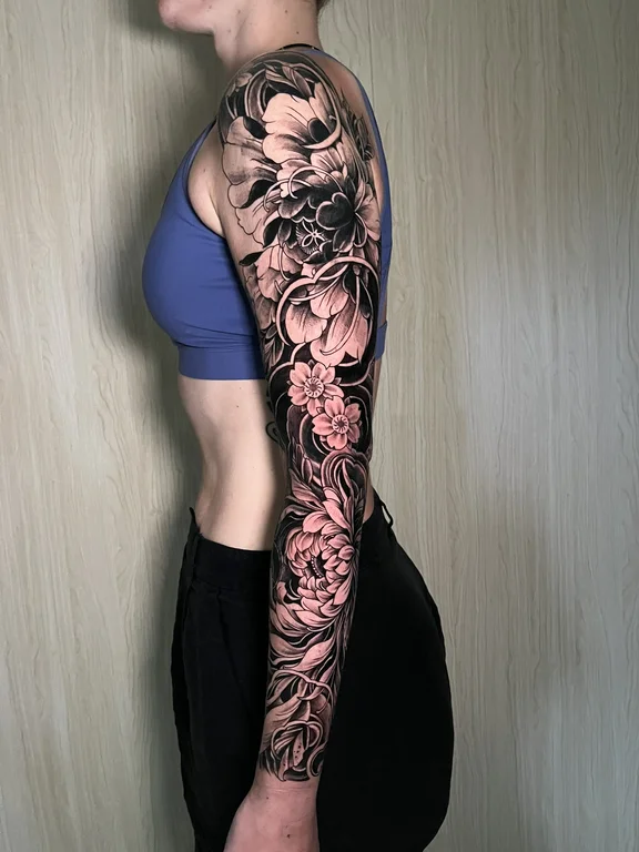 floral blackwork peony linework elegant heavy shading soft shading black grey tattoo Canggu Bali