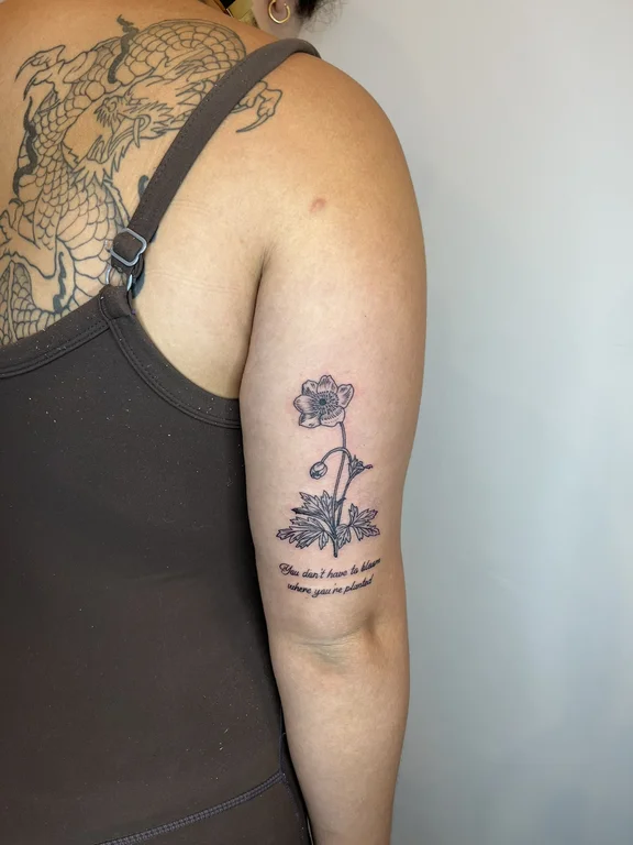 floral fine line peony linework elegant soft shading minimal cloud tattoo Canggu Bali