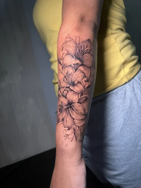 floral blackwork peony soft shading elegant linework heavy shading black grey 3 tattoo Canggu Bali