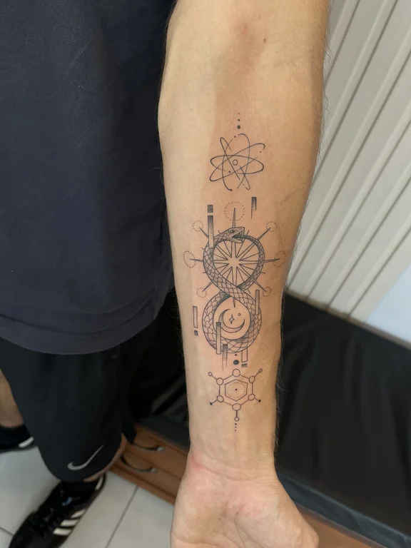 abstract blackwork man linework elegant dotwork fine line geometric tattoo Canggu Bali