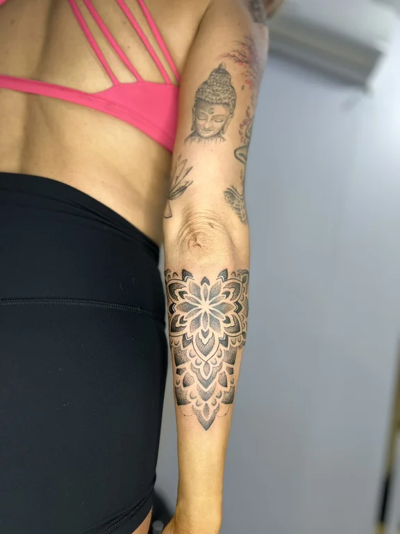 mandala blackwork lotus dotwork elegant sacred geometry spiritual linework tattoo Canggu Bali