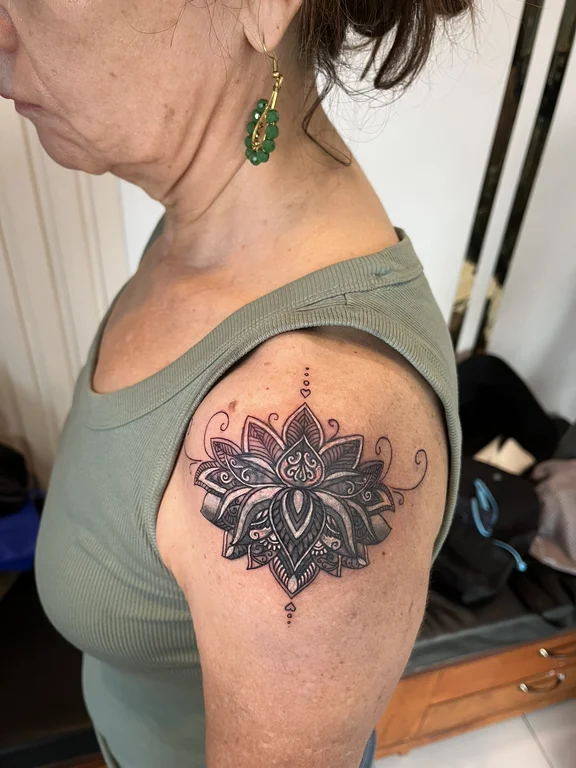 mandala blackwork lotus dotwork spiritual linework sacred geometry black grey tattoo Canggu Bali