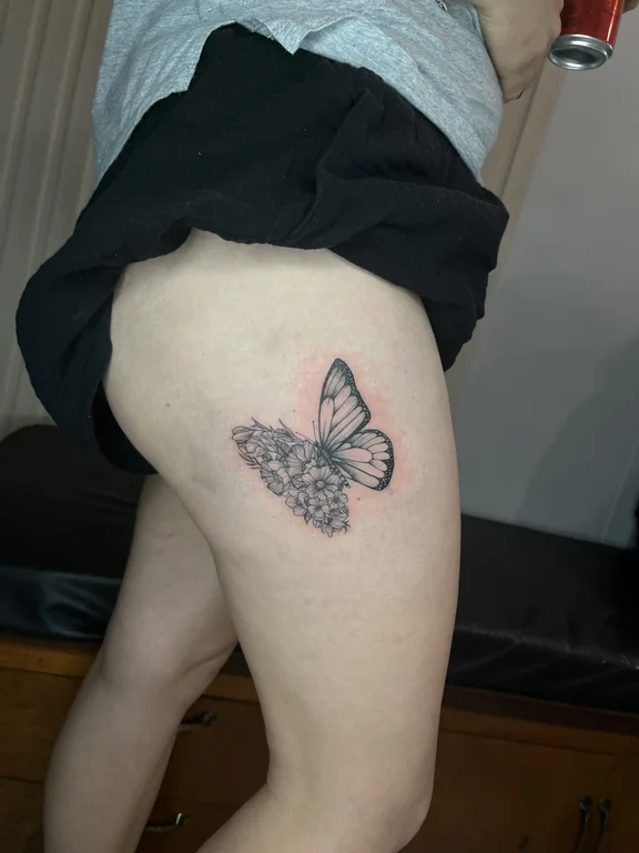 nature blackwork butterfly soft shading elegant dotwork black grey fine line tattoo Canggu Bali