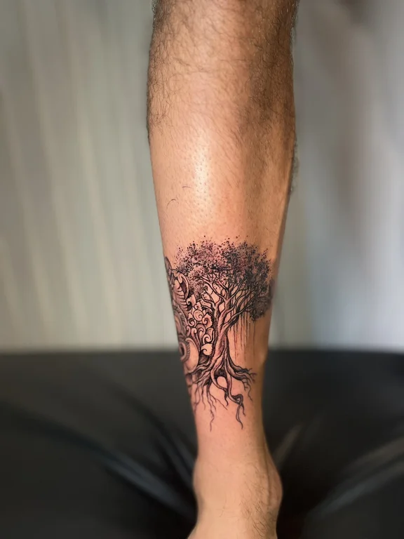 nature blackwork man linework leaf black grey dotwork soft shading tattoo Canggu Bali