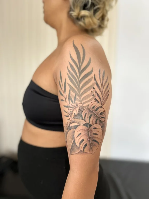 nature blackwork woman linework leaf elegant soft shading heavy shading tattoo Canggu Bali